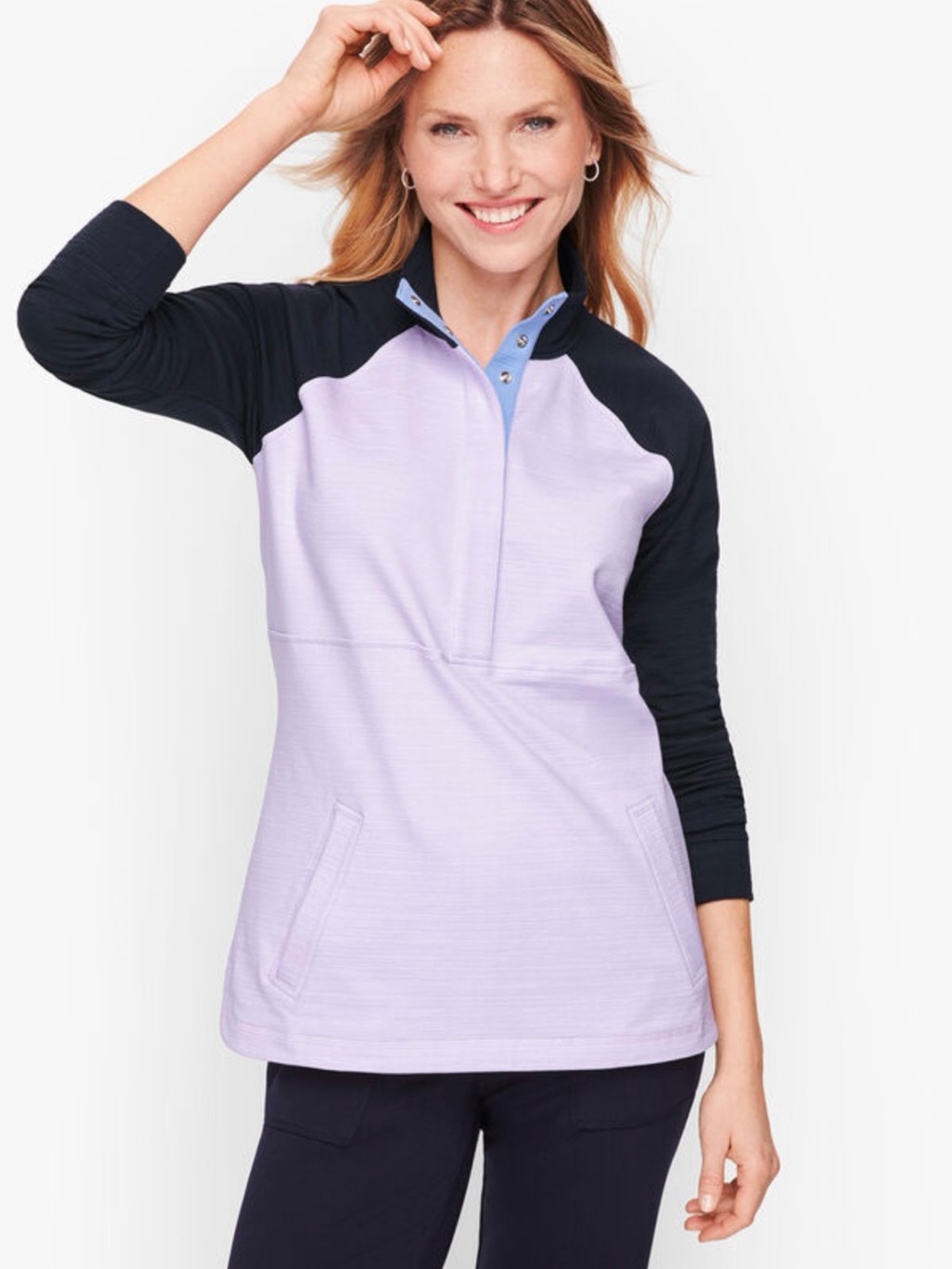 T by Talbots (Size LP) Lavender and Navy Quarter-Zip Raglan Pullover Top